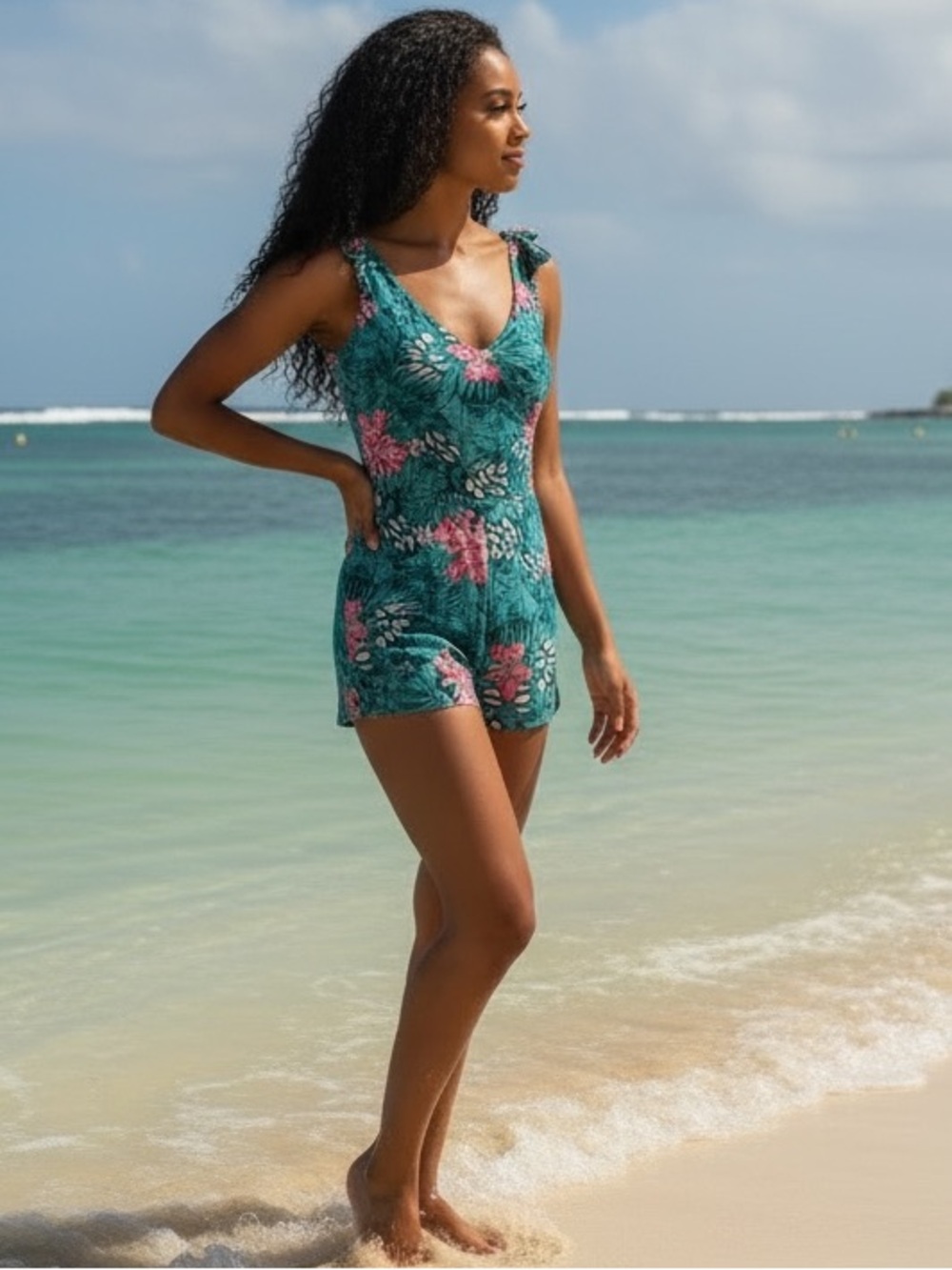 Floral Teal V-Neck Short Set with Pink Accents